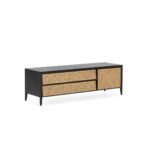 ASHBOURNE Black Cedar Wood and Rattan TV Unit featuring upper and lower media storage, with a side cupboard and rattan doors for a sophisticated look.