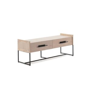 ROSEBURY Ash TV Unit with a light ash wood finish, black metal frame, and two drawers for media storage.