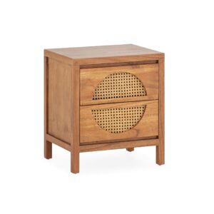 Haris Solid Cedar Wood and Rattan Bedside Table featuring a rustic wood finish and unique rattan drawer details.