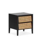 ASHBOURNE 2 Drawer Bedside Cabinet with black-painted wood and woven rattan drawer fronts, offering storage and style for contemporary and bohemian interiors.