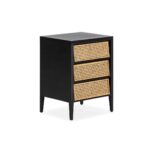 ASHBOURNE 3 Drawer Bedside Cabinet with black-painted wood and woven rattan fronts, offering extra storage and style for modern and bohemian bedrooms.