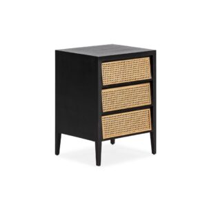 ASHBOURNE 3 Drawer Bedside Cabinet with black-painted wood and woven rattan fronts, offering extra storage and style for modern and bohemian bedrooms.