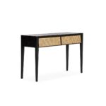 ASHBOURNE Console Table with sleek black cedar wood frame, rattan drawer fronts, and a modern minimalist design ideal for entryways or living spaces.