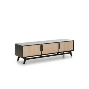 BRECKLAND Black TV Unit crafted from cedar wood with sleek black metal handles, offering storage and style for modern living rooms.