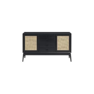 Elder Black Ash Sideboard featuring black ash wood with rattan woven cabinet doors, four drawers, and two inner shelves for stylish and functional storage.