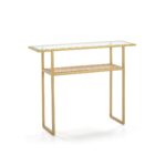 Denshaw Rattan Console Table with gold metal frame, glass top, and rattan shelf.