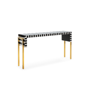 Belgravia Stripe Console Table with black and white stripes, gold legs, and modern bold design.