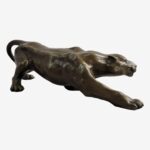 15" Leopard Bronze Sculpture featuring a lifelike depiction of a leopard walking, crafted from solid brass with soft brown patina, signed by Barye.