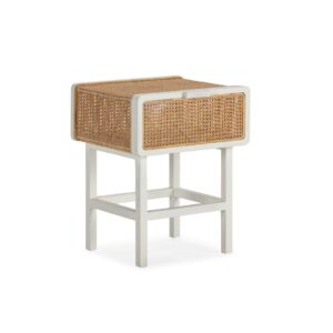 Jolynn White Cedar Wood and Rattan Bedside Table with woven rattan drawer, modern bedroom furniture.