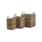 Set of 3 square wicker baskets with natural rattan texture and sturdy woven handles, ideal for storage and adding rustic charm to any room.