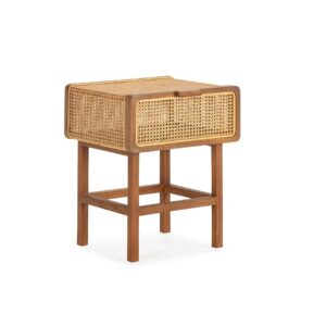 Jolynn Natural Cedar Wood and Rattan Bedside Table with a woven rattan drawer, perfect for rustic and boho-inspired bedrooms. Shop now at louis and Henry, louis & henry. www.louisandhenry.co.uk