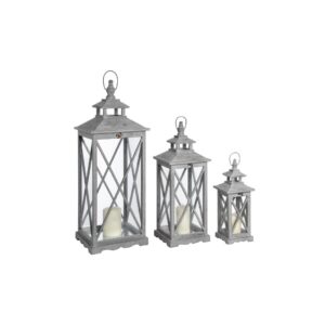 Set of Three Wooden Lanterns with a traditional cross-section design and natural wood grain. Shop now at www.louisandhenry.co.uk.