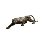 15" Leopard Bronze Sculpture featuring a lifelike depiction of a leopard walking, crafted from solid brass with soft brown patina, signed by Barye.