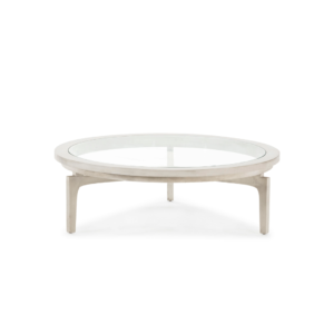 THORNFIELD Large White Cedar Wood Coffee Table with glass inlay and sleek three-legged design, white-veiled finish. Main Image