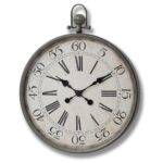 Pocket watch wall clock with aged white face and black metal frame. Shop now at www.louisandhenry.co.uk.