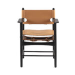 TALIA Dining Chair with tan leather upholstery and black wood frame, featuring a strap and buckle design.