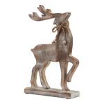 Rustic wooden reindeer decoration with whitewashed finish and rope detail, ideal for holiday décor.