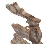 Rustic wooden reindeer decoration with whitewashed finish and rope detail, ideal for holiday décor.