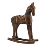 Classic brown wooden rocking horse, ideal for rustic or vintage-style décor.