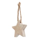 A collection of wooden star ornaments with distressed finish and pre-attached strings, ideal for rustic and holiday decor.