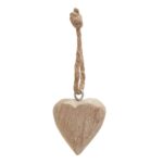 A collection of wooden heart ornaments with distressed finish and attached strings, ideal for rustic and seasonal decor.