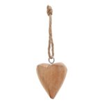 A collection of wooden heart ornaments with distressed finish and attached strings, ideal for rustic and seasonal decor.