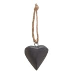 A collection of wooden heart ornaments with distressed finish and attached strings, ideal for rustic and seasonal decor.