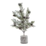 Small snowy desk Christmas tree with pinecones in a wood log base, ideal for festive decor.