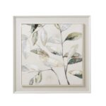 Dolce Dapple Leaf Framed Painting On Canvas showcasing stylized leaves in soft whites, beiges, light grays, and subtle greens, framed in a clean white frame.