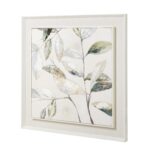 Dolce Dapple Leaf Framed Painting On Canvas showcasing stylized leaves in soft whites, beiges, light greys, and subtle greens, framed in a clean white frame.