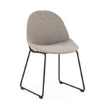 Modern CODY dining chair with grey fabric upholstery and black sled metal base.