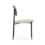 ROCHER Rattan Dining Chair with beige fabric upholstery and black metal frame, featuring a rattan cane backrest.