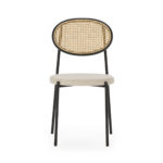 ROCHER Rattan Dining Chair with beige fabric upholstery and black metal frame, featuring a rattan cane backrest.