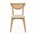 LEXY Natural Rattan and Wood Dining Chair with light wood frame, rattan backrest, and beige fabric seat.