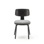 AUSTEN Chair in Black and Grey with a wooden backrest, light gray fabric seat, and black metal legs – modern and minimalist design.