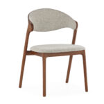 CLIFF Dining Chair with brown wood frame and grey polyester fabric upholstery.