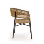 ELARA Dining Chair with gray woven rope seat and backrest, supported by a black aluminum frame.