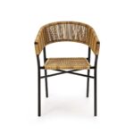 ELARA Dining Chair with gray woven rope seat and backrest, supported by a black aluminum frame.