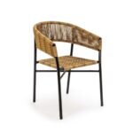 ELARA Dining Chair with gray woven rope seat and backrest, supported by a black aluminum frame.