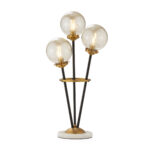 AUREUM Globus 3-light table lamp with brass accents, black metal rods, and a marble base.