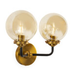 Braxton Twin Glass Wall Lamp with two amber-tinted glass globes, black metal arms, and brass accents, 37x20x31 cm.