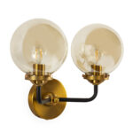 Braxton Twin Glass Wall Lamp with two amber-tinted glass globes, black metal arms, and brass accents, 37x20x31 cm.