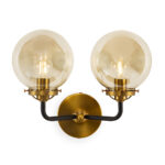 Braxton Twin Glass Wall Lamp with two amber-tinted glass globes, black metal arms, and brass accents, 37x20x31 cm.