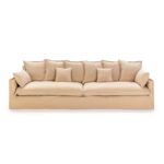 Lisbon 5-Seat Sofa in beige fabric with six large back cushions and four smaller cushions, offering spacious and comfortable seating for five.