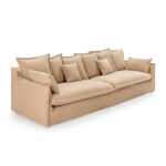 Lisbon 5-Seat Sofa in beige fabric with six large back cushions and four smaller cushions, offering spacious and comfortable seating for five.