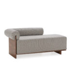 WAVERLY Walnut Chaise Lounge, featuring a unique rolled backrest, premium grey upholstery, and a solid walnut frame. Perfect for stylish interiors.