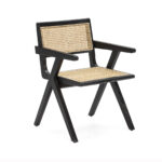 Akita Black Rattan Dining Armchair with sleek black frame and natural woven rattan seat and backrest.