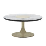 Cheswick Coffee Table with rustic aged glass top and gold aluminium pedestal base, 81x81x39 cm, modern vintage design.