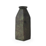 VEDEGRIS Oxidized Green Metal Vase with a weathered patina finish in a vintage milk bottle shape.