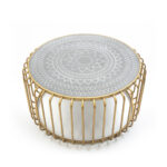 Soleil Mandala Coffee Table with a round mandala-patterned top and gold cage-like metal frame, 77x77x39 cm.